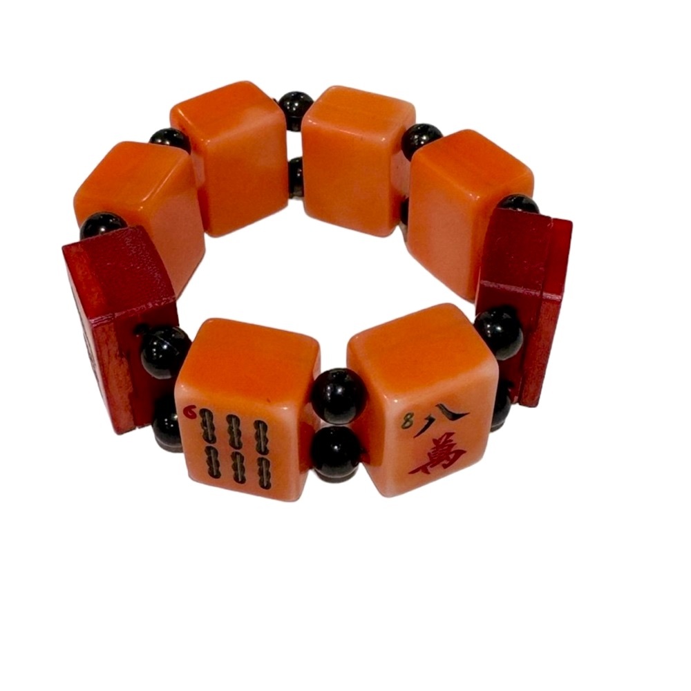 Vintage Bakelite Mahjongg Small Tile Elastic Bracelet. Coral and Red. EUC